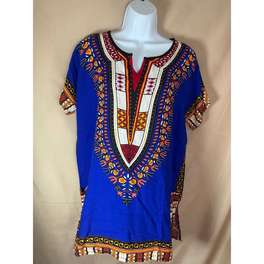 Dashiki Tunic Top Unisex L/XL Blue NEW Short Sleeve African Print Pockets